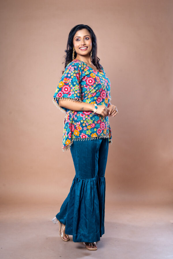 Teal Blue Embroidered Kaftan Set